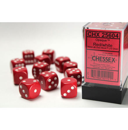 Opaque 16mm d6 Red/white Dice Block (12 dice)