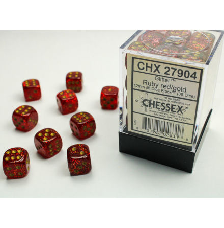 Glitter 12 mm d6 Ruby/gold Dice Block (36 dice)