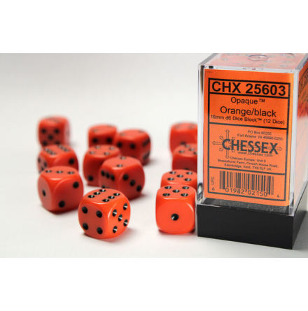 Opaque 16 mm d6 Orange/black dice block (12)
